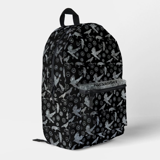 Steampunk Silver Zinc Gears and Crows Custom Name Printed Backpack (Back Corner Left)