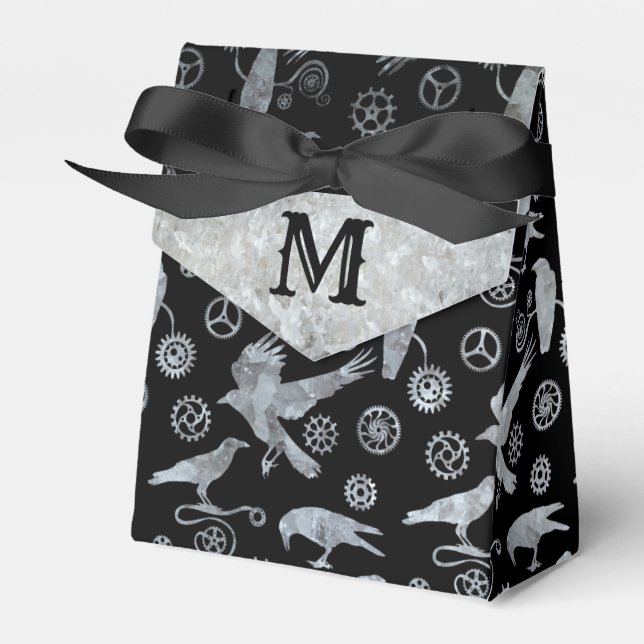 Steampunk Silver Zinc Gears and Crows Monogram Favor Boxes (Front Side)