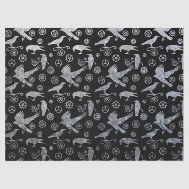 Steampunk Silver Zinc Gears and Crows Tissue Paper (Front)