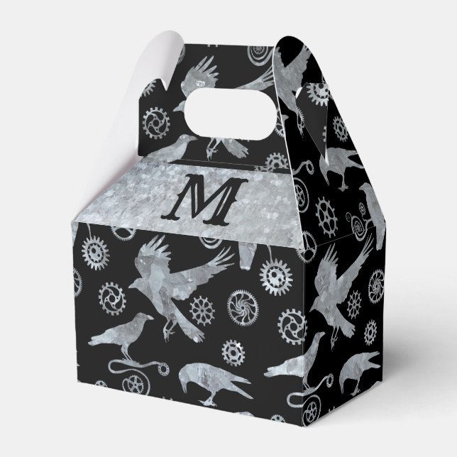 Steampunk Silver Zinc Gears & Crows Monogram Gable Favor Boxes (Front Side)