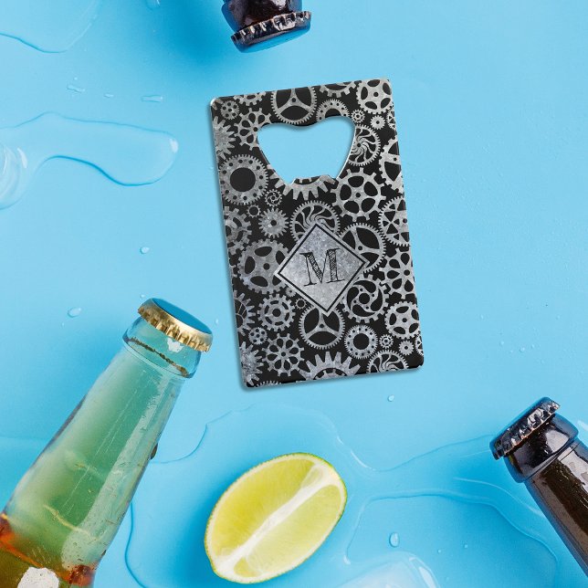 Steampunk Silver Zinc Gears Custom Monogram Credit Card Bottle Opener (Creator Uploaded)