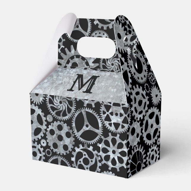 Steampunk Silver Zinc Gears Custom Monogram Gable Favor Boxes (Front Side)