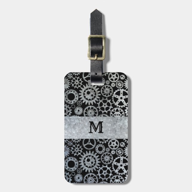 Steampunk Silver Zinc Gears Custom Monogram Luggage Tag (Front Vertical)