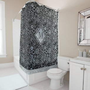 Steampunk Silver Zinc Gears Custom Monogram Shower Curtain