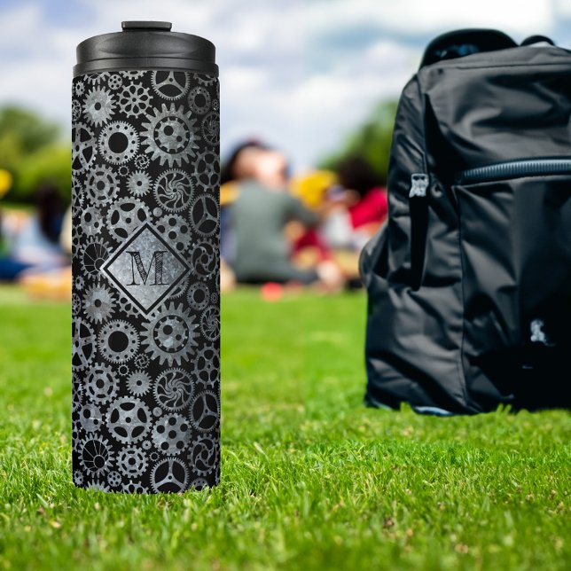 Steampunk Silver Zinc Gears Custom Monogram Thermal Tumbler (Creator Uploaded)