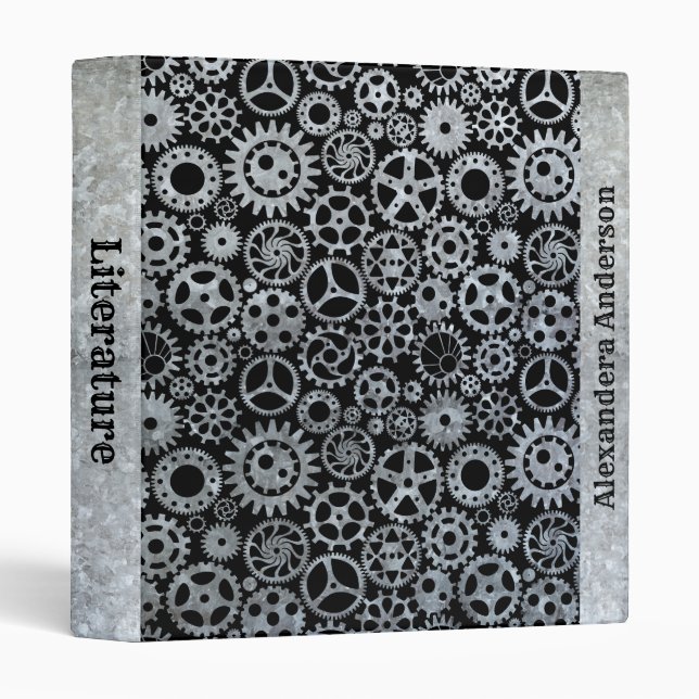 Steampunk Silver Zinc Gears Custom Name 3 Ring Binder (Front/Spine)