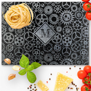 Steampunk Silver Zinc Gears Monogram Cutting Board