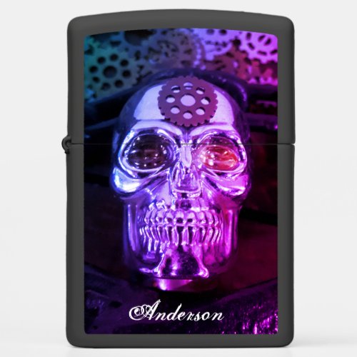 Steampunk Skull Blue Purple Gears Scifi Fantasy Zippo Lighter