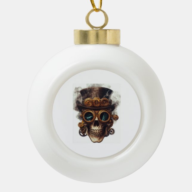Steampunk Skull Engine Ceramic Ball Christmas Ornament (Front)