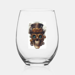 Steampunk Skull Engine Stemless Wine Glass