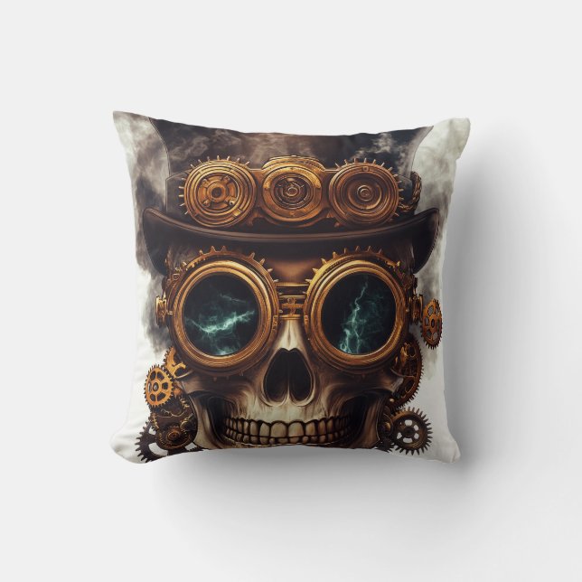 Steampunk Skull Engine Throw Pillow (Front)