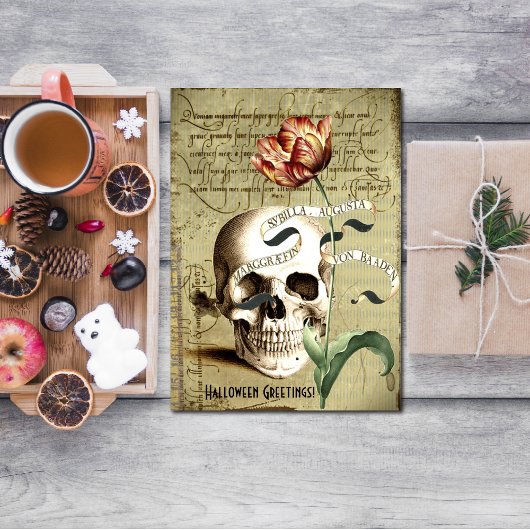 Steampunk Skull Floral Halloween Greeting Card