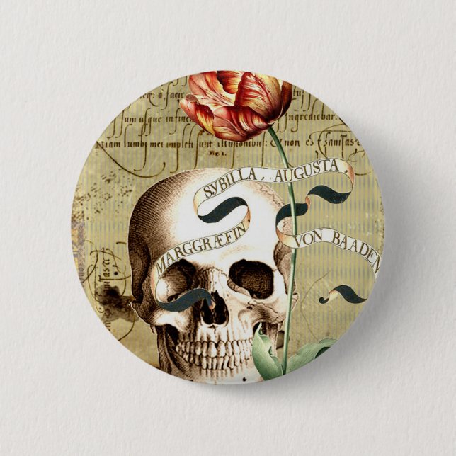 Steampunk Skull Floral Writing Halloween Button (Front)