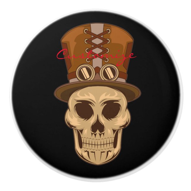 Steampunk Skull in Top Hat Thunder_Cove Ceramic Knob (Front)