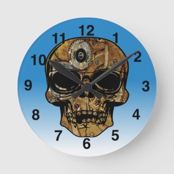 Steampunk Skull Round Clock by Whimzazzical at Zazzle