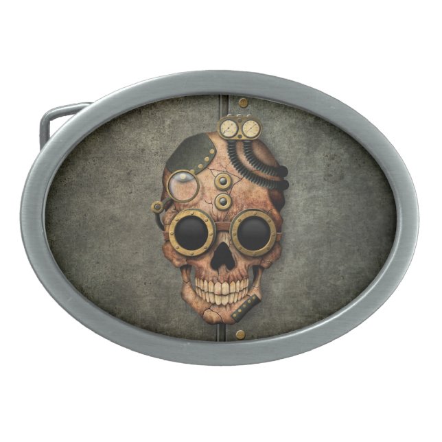 Steampunk Skull with Goggles - Steel Effect Belt Buckle (Front)
