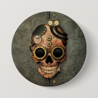 Steampunk Skull with Goggles - Steel Effect Pinback Button