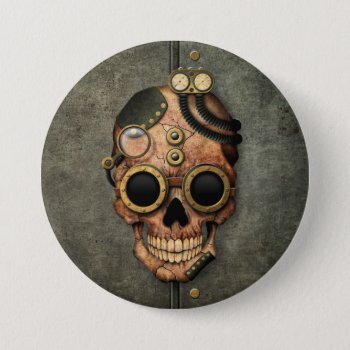 Steampunk Skull With Goggles - Steel Effect Pinback Button by JeffBartels at Zazzle