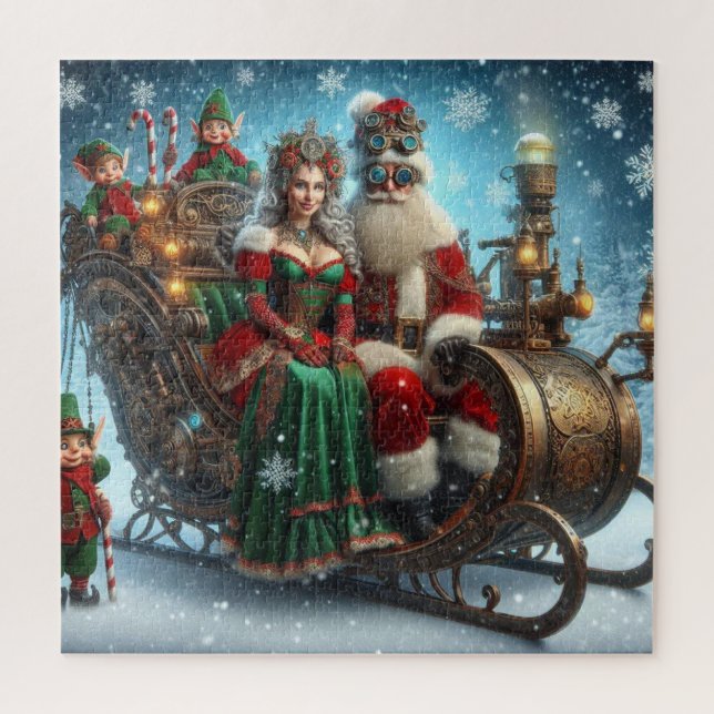 Steampunk Sled ~ Santa With Wife And Elves Jigsaw Puzzle (Vertical)