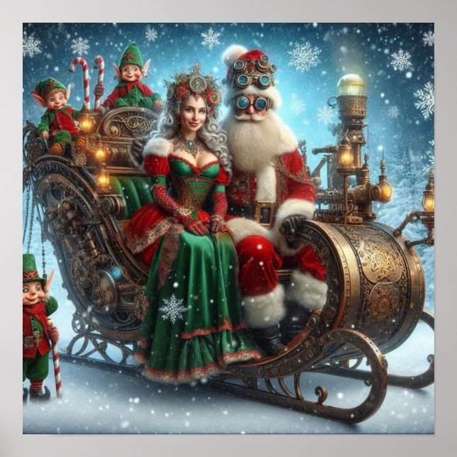 Steampunk Sled ~ Santa With Wife And Elves Poster (Front)