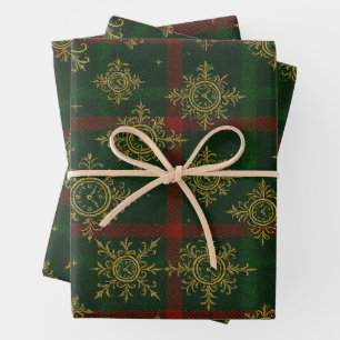 Steampunk Snowflake Red and Green Tartan Wrapping Paper Sheets