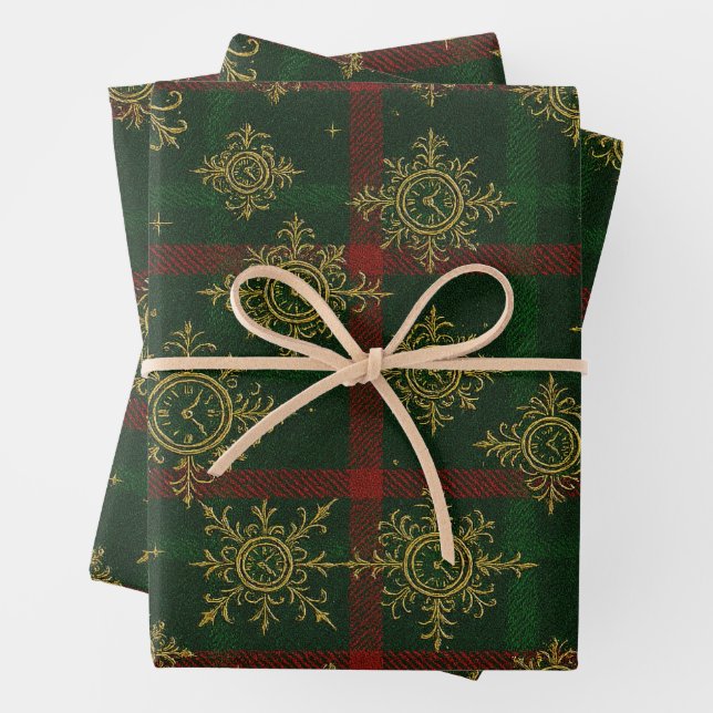 Steampunk Snowflake Red and Green Tartan Wrapping Paper Sheets (In situ)
