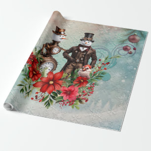 steampunk  snowman and steampunk snowwoman  wrapping paper