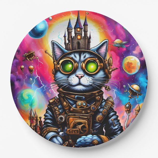Steampunk Space Cat I Paper Plates (Front)