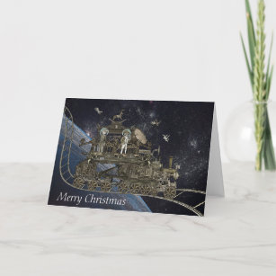 Steampunk Space Cat Train Holiday Card
