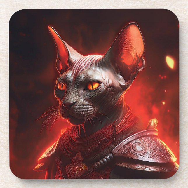 Steampunk Sphinx Cat Warrior Looking Fierce Beverage Coaster (Front)