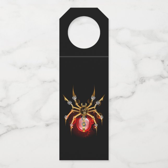 Steampunk spider on black bottle hanger tag (Front)