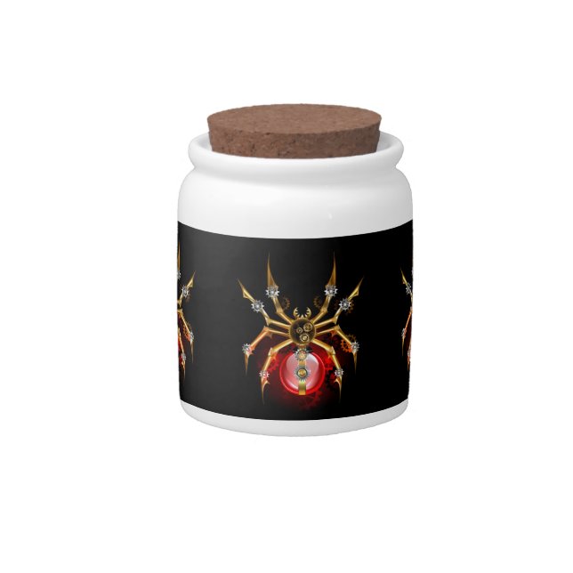 Steampunk spider on black candy jar (Front)