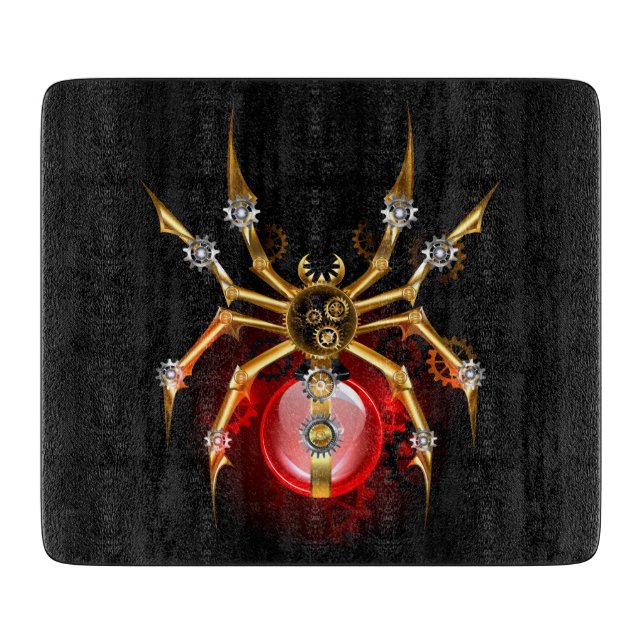 Steampunk spider on black cutting board (Front)