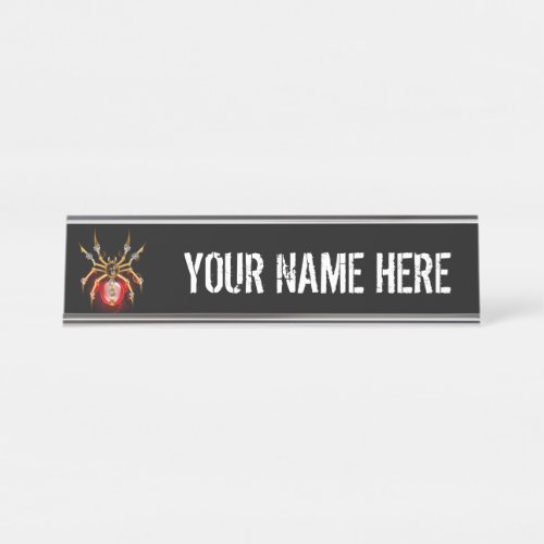 Steampunk spider on black desk name plate