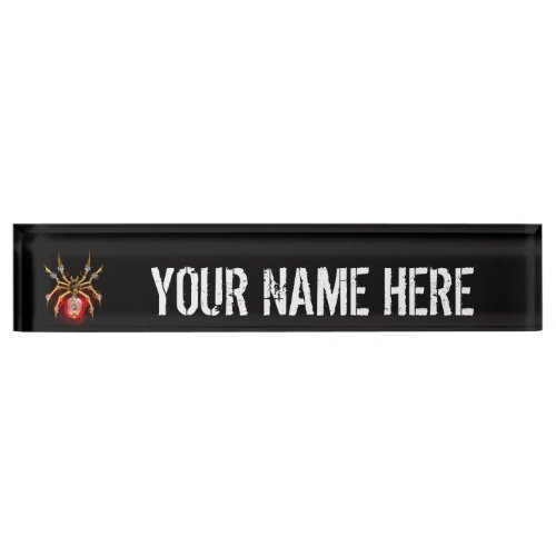 Steampunk spider on black desk name plate