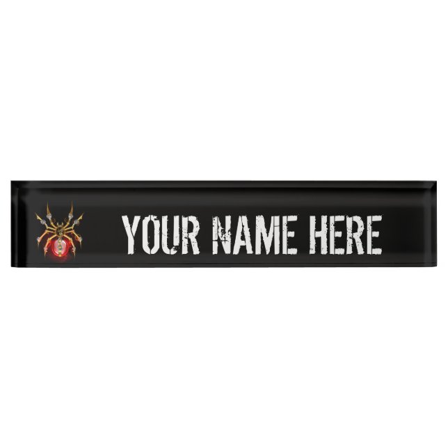 Steampunk spider on black desk name plate (Front)