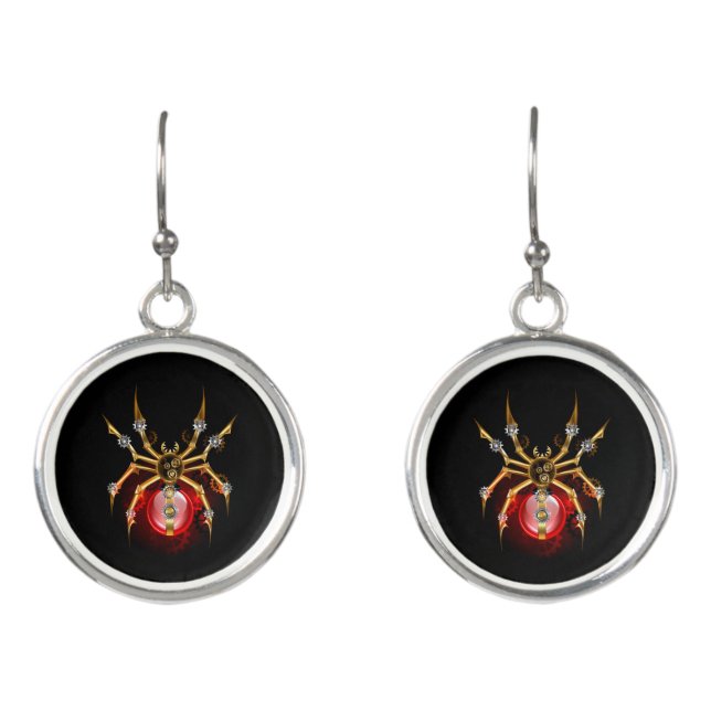 Steampunk spider on black earrings (Front)