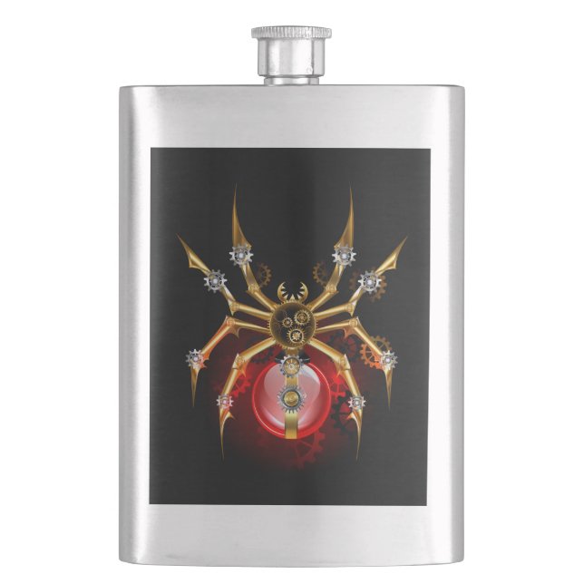 Steampunk spider on black flask (Front)