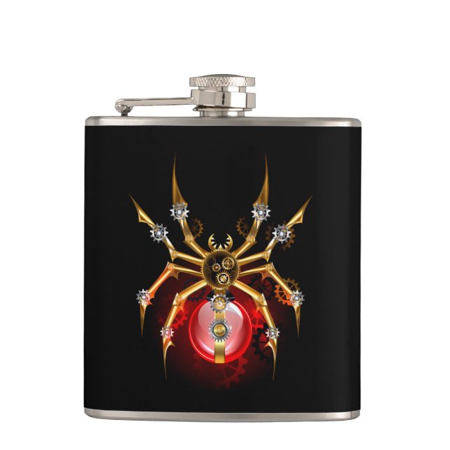 Steampunk spider on black flask (Front)