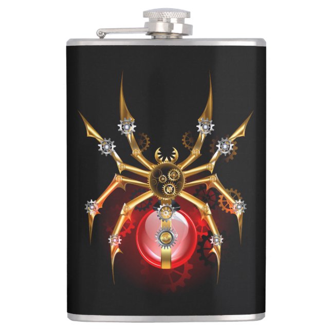 Steampunk spider on black flask (Front)