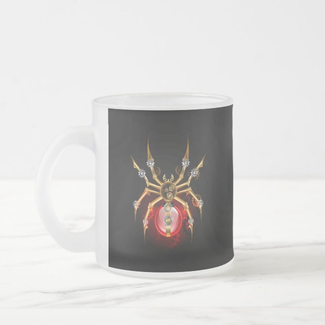 Steampunk spider on black frosted glass coffee mug (Left)