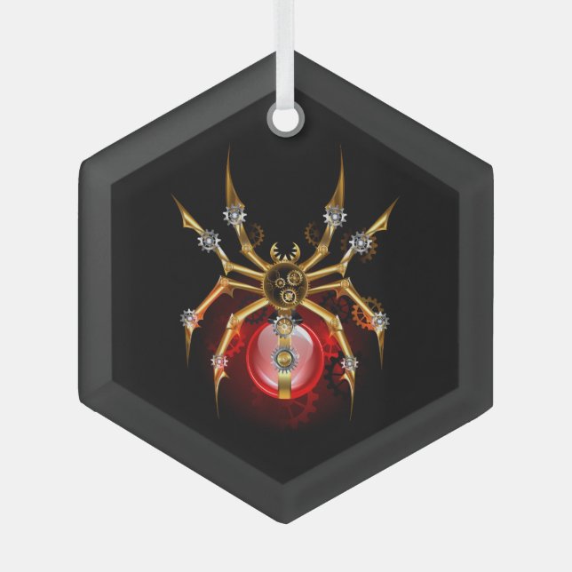 Steampunk spider on black glass ornament (Front)
