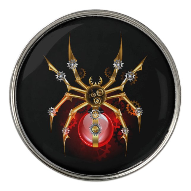 Steampunk spider on black golf ball marker (Front)