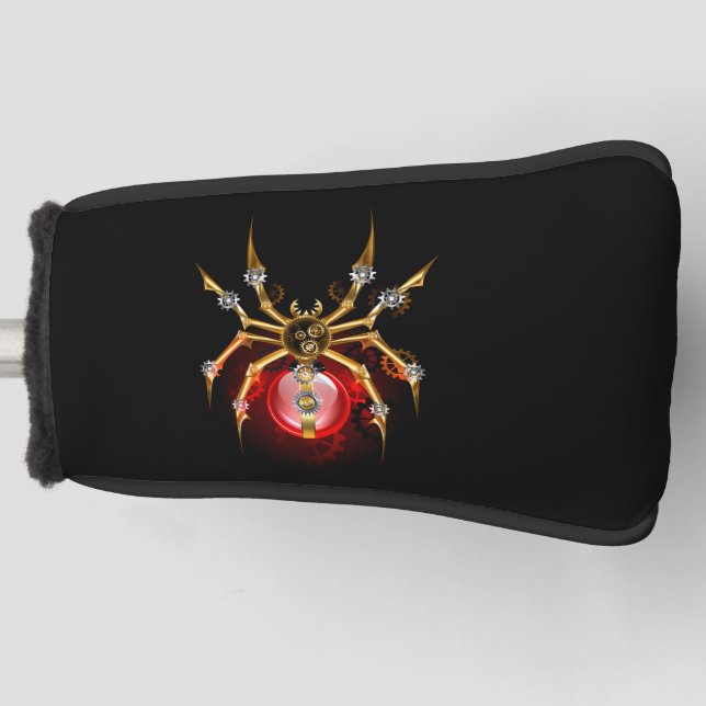 Steampunk spider on black golf head cover (Front)
