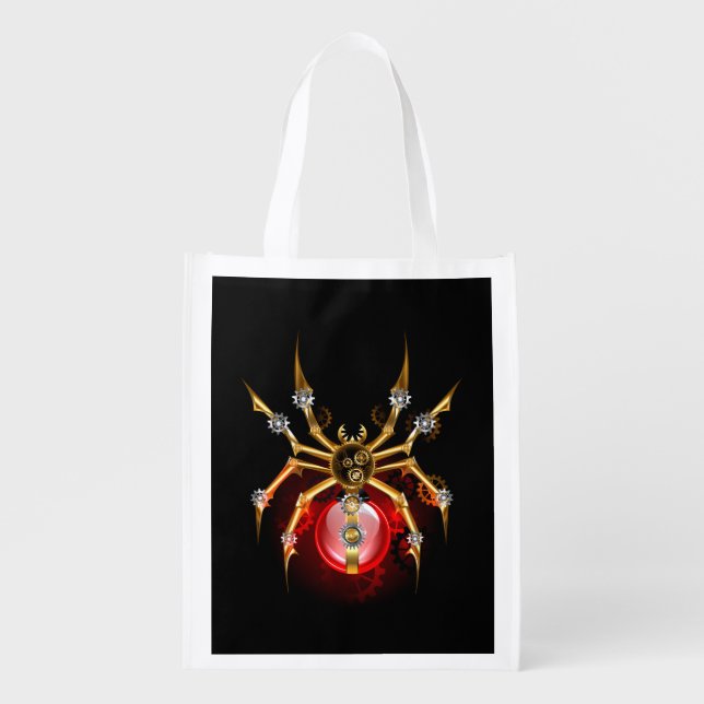 Steampunk spider on black grocery bag (Front)