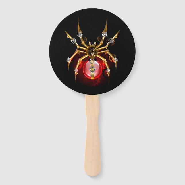 Steampunk spider on black hand fan (Front)