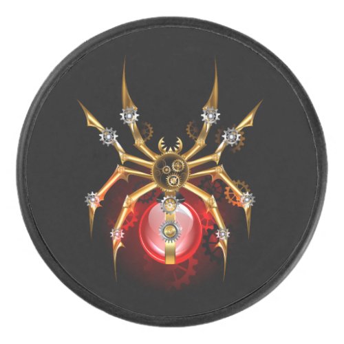 Steampunk spider on black hockey puck