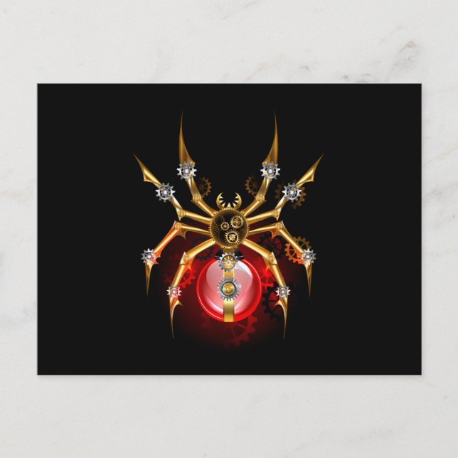 Steampunk spider on black invitation postcard (Front)