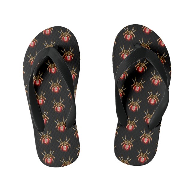 Steampunk spider on black kid's flip flops (Footbed)