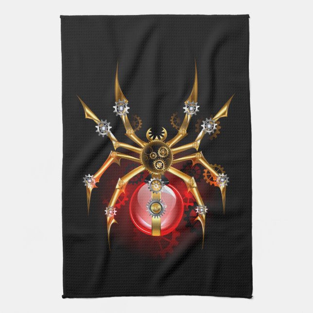 Steampunk spider on black kitchen towel (Vertical)